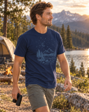 Man walking with binoculars in the True Navy Midnight Mountain Camp Tee beside a mountain lake