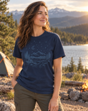 Woman wearing the True Navy Midnight Mountain Camp Tee at a lakeside mountain campsite