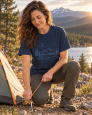 Woman securing a tent while wearing the True Navy Midnight Mountain Camp Tee beside a mountain lake