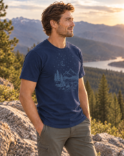 Man wearing the True Navy Midnight Mountain Camp Tee in a three-quarter view above a mountain lake