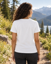 Woman wearing the Wildflower Watercolor Tee on a mountain trail, three-quarter view