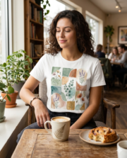 Young woman in a cozy coffee shop wearing a boho botanical watercolor shirt