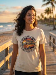 California Surf retro van T-shirt shown in a relaxed coastal lifestyle setting.