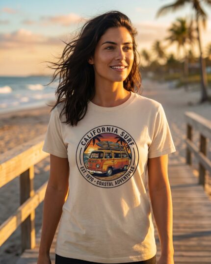 California Surf retro van T-shirt shown in a relaxed coastal lifestyle setting.