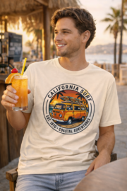 California Surf retro van T-shirt worn in a relaxed tiki bar setting.