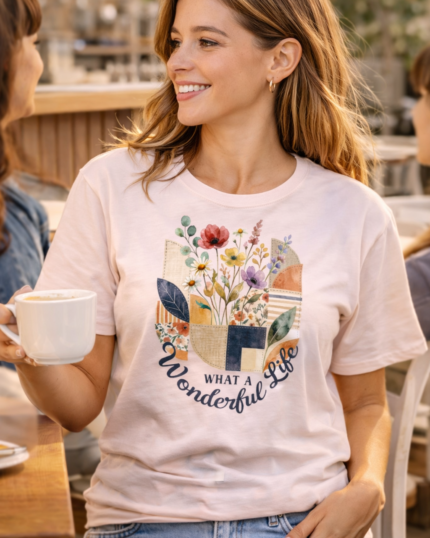 Woman wearing a What a Wonderful Life botanical t-shirt at a café