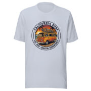Front view of the California Surf retro van T-shirt in light blue.