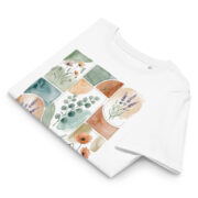 Women wearing white organic cotton t-shirt with wildflower watercolor collage design