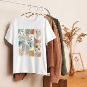 Women wearing white organic cotton t-shirt with wildflower watercolor collage design