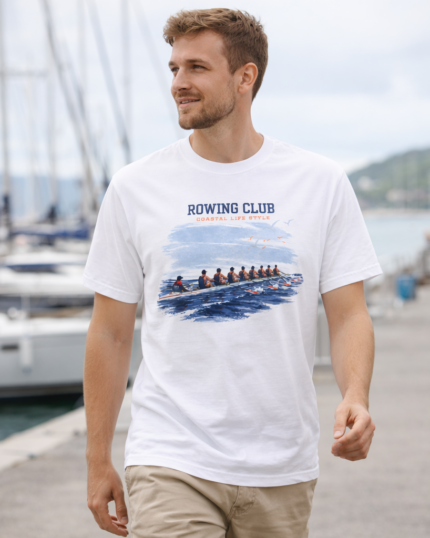 Man wearing the white Rowing Club coastal T-shirt at a marina.