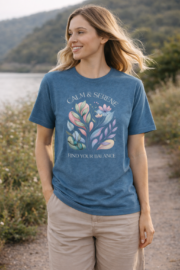 Model wearing the Calm & Serene botanical T-shirt.