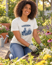 Woman wearing the Cultivate Your Passion gardening T-shirt, back view