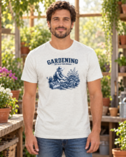 Man wearing the Cultivate Your Passion gardening T-shirt, three-quarter view