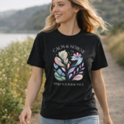 Calm & Serene botanical T-shirt shown in a lifestyle setting.