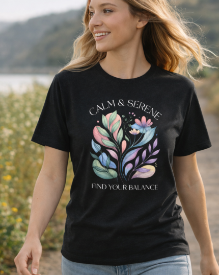 Calm & Serene botanical T-shirt shown in a lifestyle setting.