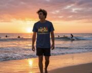Man wearing a navy Retro Surf Rack T-shirt on the beach at sunset.