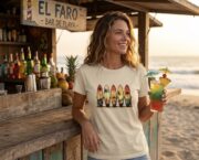 Woman wearing a cream Retro Surf Rack T-shirt at a beach bar.