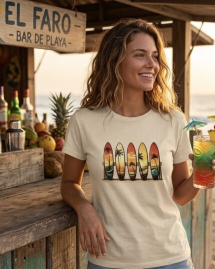 Woman wearing a cream Retro Surf Rack T-shirt at a beach bar.