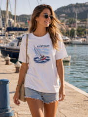 Woman wearing the white Yacht Club coastal T-shirt at a marina.