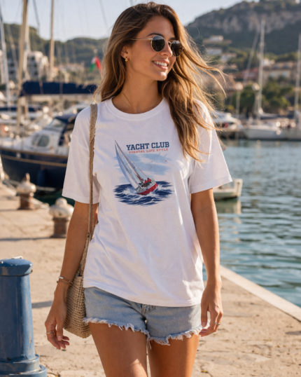Woman wearing the white Yacht Club coastal T-shirt at a marina.