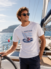 Man wearing the white Yacht Club coastal T-shirt while relaxing on a sailboat.