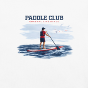 Close-up of the vintage paddleboarding artwork on the white Paddle Club T-shirt.
