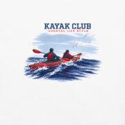 Close-up of the vintage kayaking artwork on the white Kayak Club T-shirt.