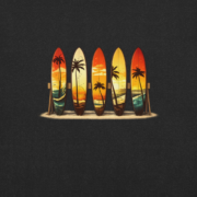 Close-up of the Retro Surf Rack print on black heather fabric, showing five colorful surfboards with palm trees and sunset tones.