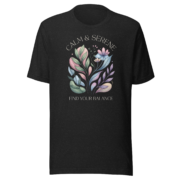 Alternate front view of the Calm & Serene botanical T-shirt in black heather.