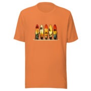 Front view of the Retro Surf Rack T-shirt in burnt orange, featuring colorful surfboards and palm trees.