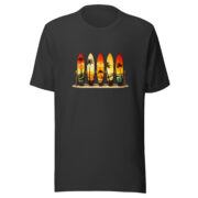 Front view of the Retro Surf Rack T-shirt in dark grey, featuring colorful surfboards and palm trees.