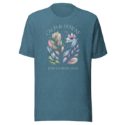Front view of the Calm & Serene botanical T-shirt in heather deep teal.