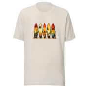 Front view of the Retro Surf Rack T-shirt in heather dust, featuring colorful surfboards and palm trees.