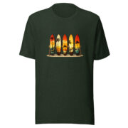 Front view of the Retro Surf Rack T-shirt in heather emerald, featuring colorful surfboards and palm trees.