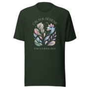 Front view of the Calm & Serene botanical T-shirt in heather emerald.