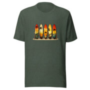Front view of the Retro Surf Rack T-shirt in heather forest, featuring colorful surfboards and palm trees.