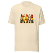 Front view of the Retro Surf Rack T-shirt in heather natural, featuring colorful surfboards and palm trees.