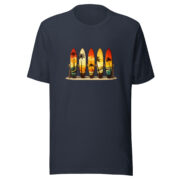 Front view of the Retro Surf Rack T-shirt in heather navy, featuring colorful surfboards and palm trees.
