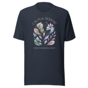 Front view of the Calm & Serene botanical T-shirt in heather navy.