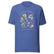 Front view of the Calm & Serene botanical T-shirt in heather true royal.