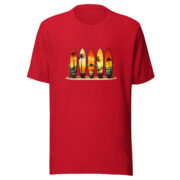 Front view of the Retro Surf Rack T-shirt in red, featuring colorful surfboards and palm trees.