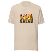 Front view of the Retro Surf Rack T-shirt in soft cream, featuring colorful surfboards and palm trees.