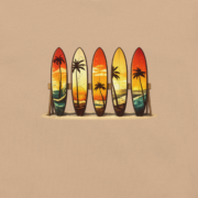 Close-up of the Retro Surf Rack print on tan fabric, showing five colorful surfboards with palm trees and sunset tones.