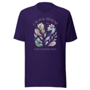 Front view of the Calm & Serene botanical T-shirt in team purple.