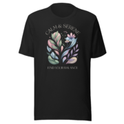 Front view of the Calm & Serene botanical T-shirt in vintage black.