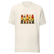 Front view of the Retro Surf Rack T-shirt in vintage white, featuring colorful surfboards and palm trees.