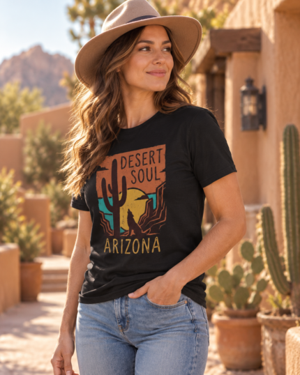 Woman wearing the Arizona Desert Soul t-shirt in black in an Arizona-inspired setting