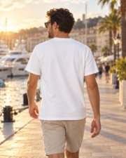 Back view of a man wearing the white Comfort Colors 1717 tee by Cannes marina