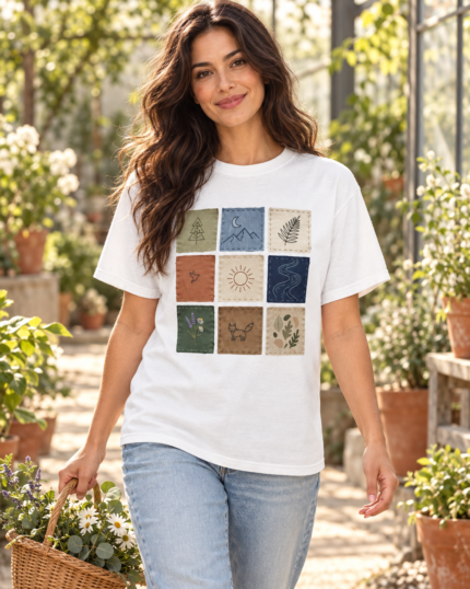 Woman walking in a greenhouse wearing a white botanical patchwork Comfort Colors tee