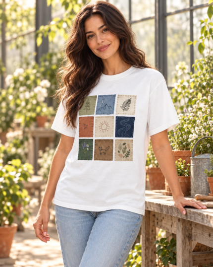 Woman posing in a greenhouse wearing a white botanical patchwork graphic T-shirt
